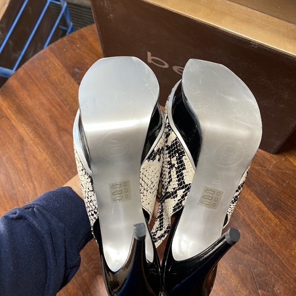 Bebe Zahara, black & white snake, open toe sling back platform stilettos, size 8 - Picture 6 of 11